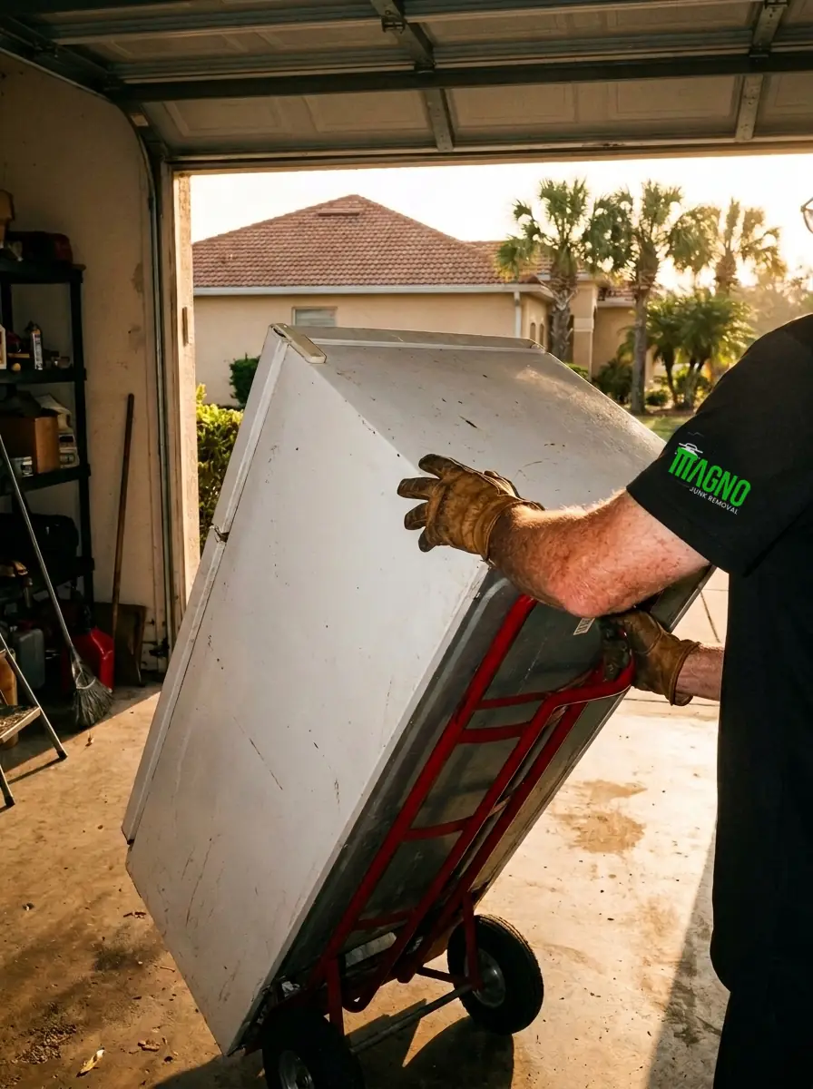 Old refrigerator being wheeled out of a Central Florida garage on a hand truck