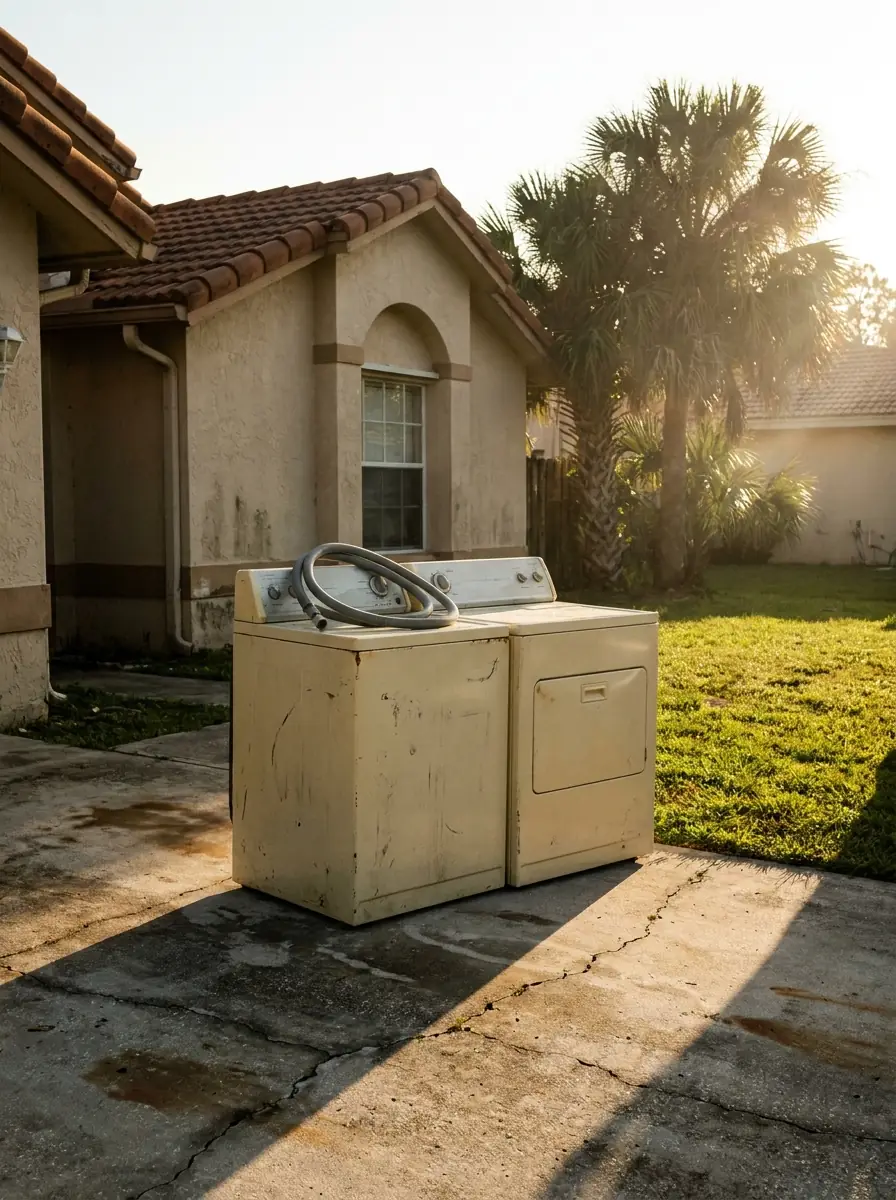 Old washer and dryer waiting on a Central Florida driveway at sunrise