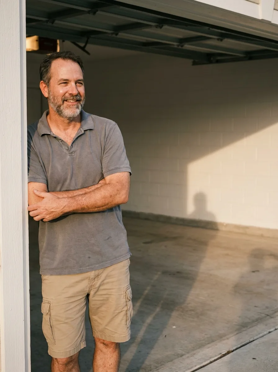 Homeowner standing in the doorway of a cleared garage in Central Florida