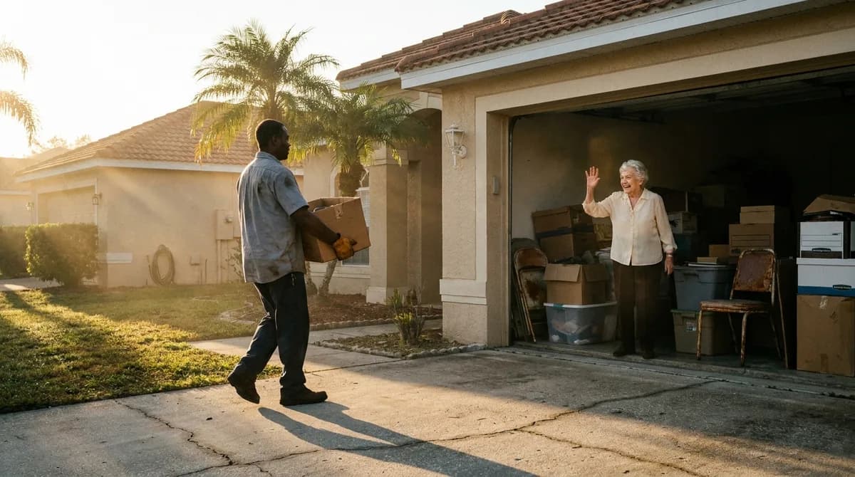 MAGNO Junk Removal carrying a box out of a Central Florida garage at sunrise while a homeowner waves