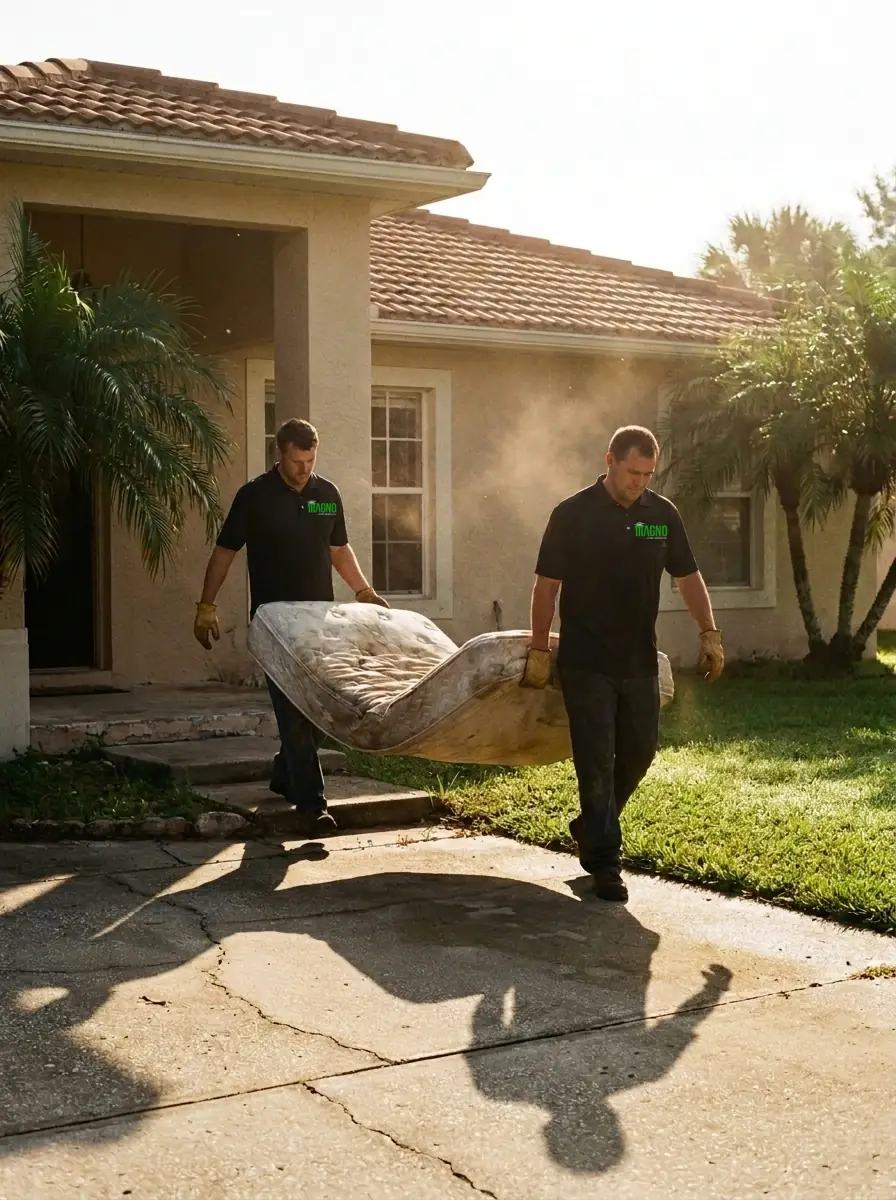 Two men carrying an old mattress out of a Central Florida home