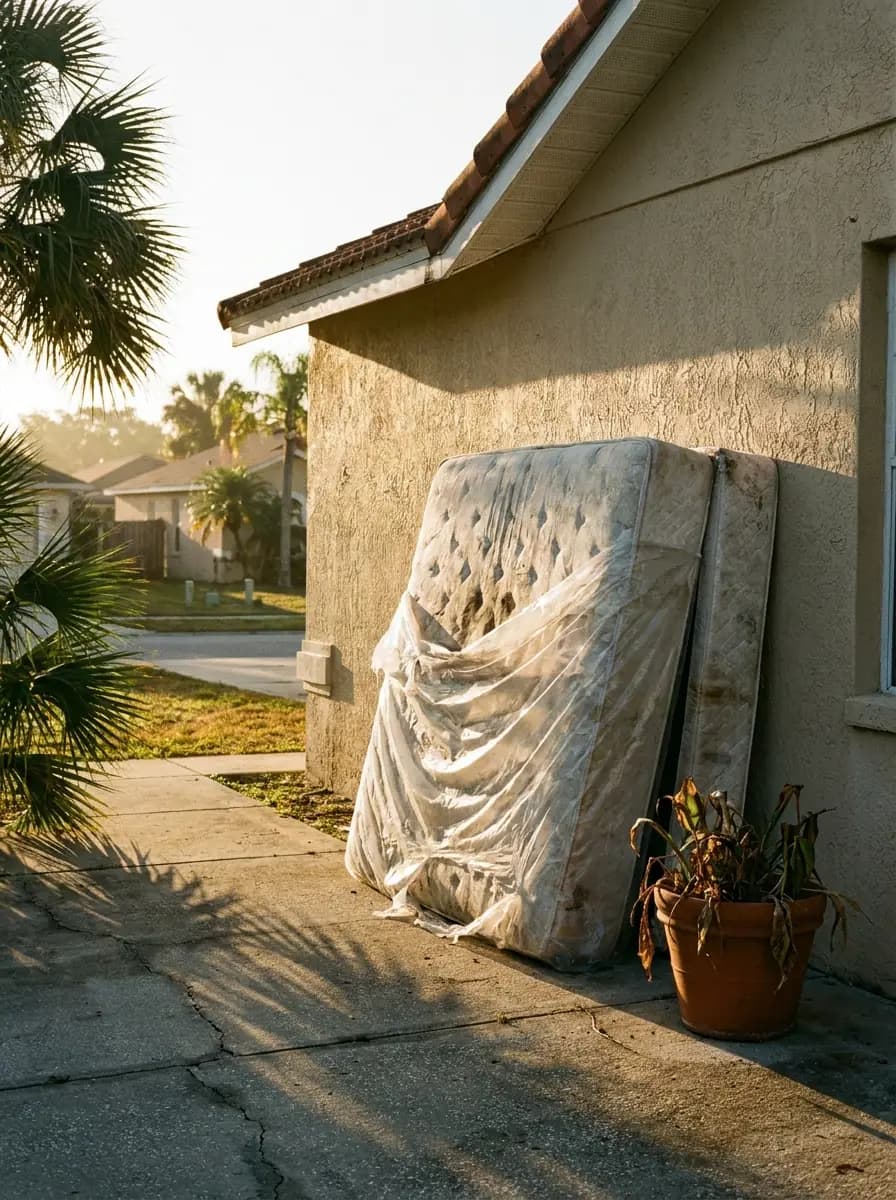 Old mattress and box spring wrapped in plastic against a stucco wall