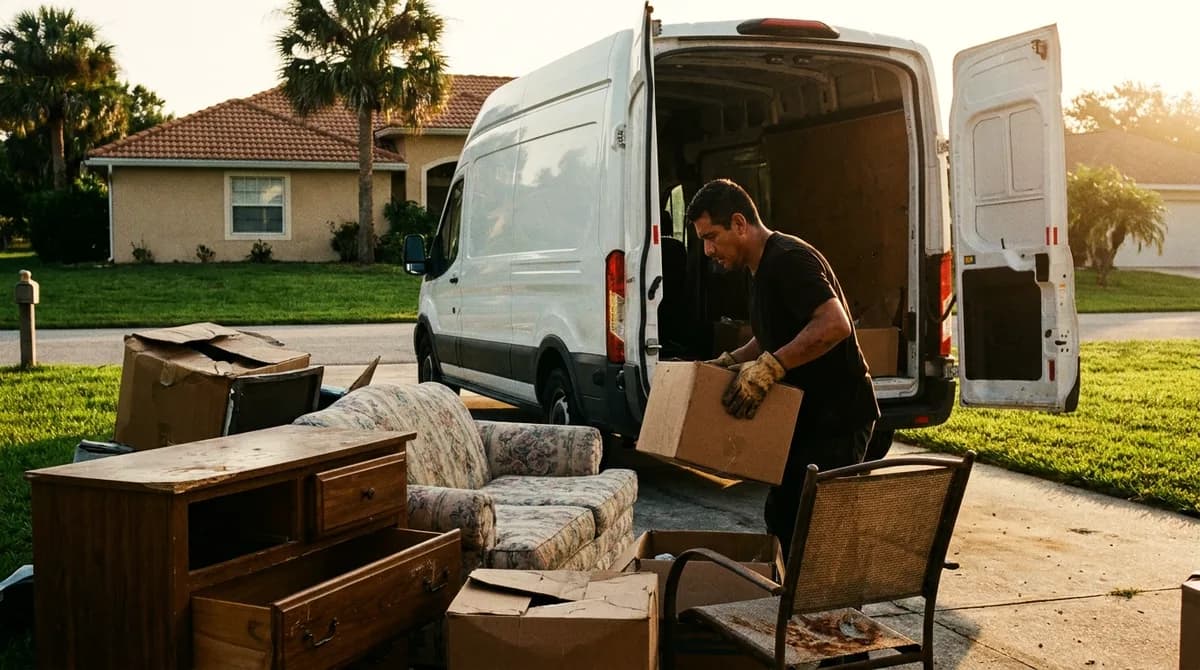 Illustrative image: junk removal worker loading boxes into a van next to a pile of old furniture on a Central Florida driveway