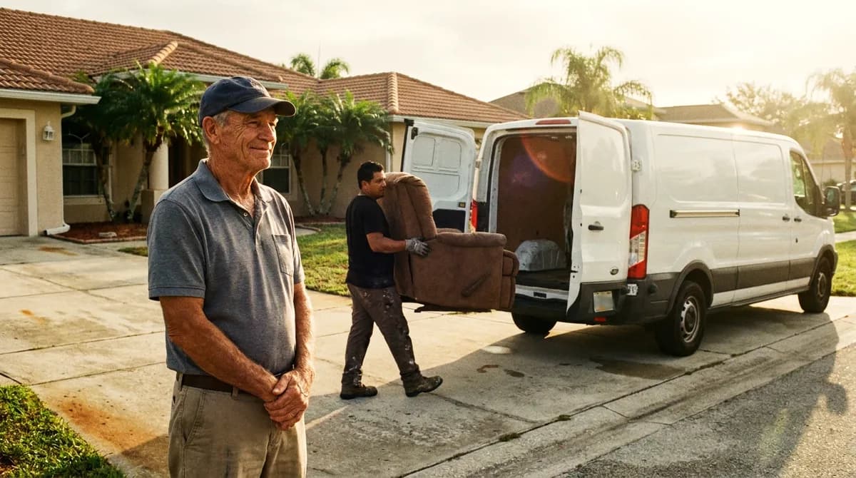 Illustrative image: senior homeowner watching a junk removal worker carry a recliner to a van